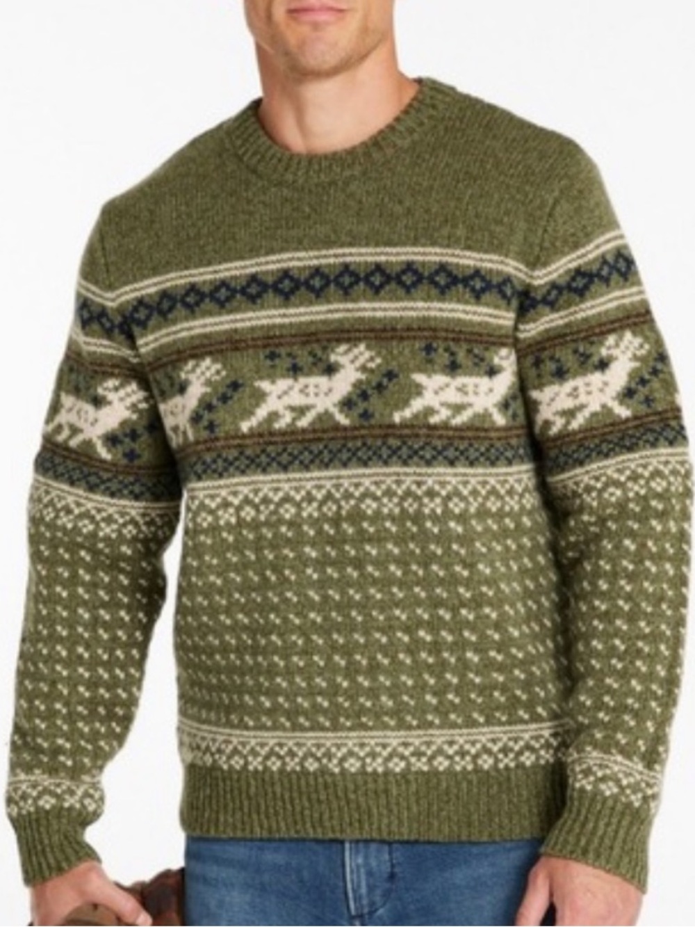 L.L.Bean Men’s XXL Tall Lambswool Sweater Fair Isle Moose Green 100% Wool